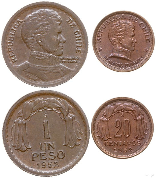 Chile, zestaw: 20 centavos i 1 peso, 1952