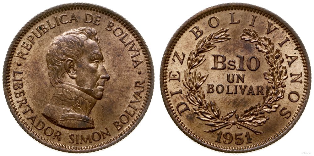 Boliwia, 10 bolivianos, 1951