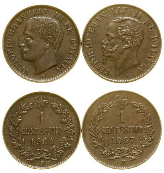 Włochy, lot 2 x 1 centesimo (centym), 1867 M (Mediolan), 1904 R (Rzym)