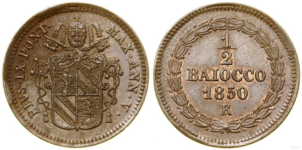 Watykan (Państwo Kościelne), 1/2 baiocco, 1850 R